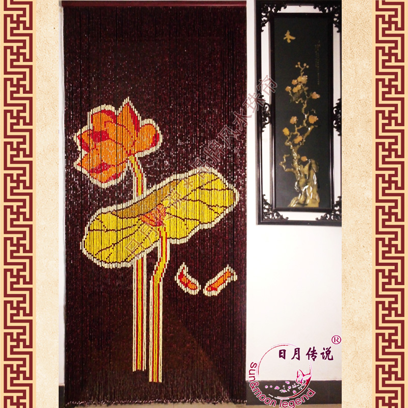 金色莲花荷花风水珠帘佛缘实木珠帘屏风隔断客厅装饰帘卧室门帘子