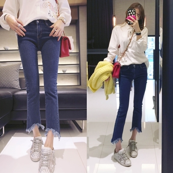 韩国代购2016春显瘦毛边九分牛仔裤女喇叭裤